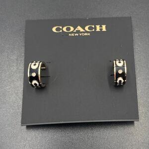 Coach Signature Black Enamel Glass Hoop Huggie Earrings New